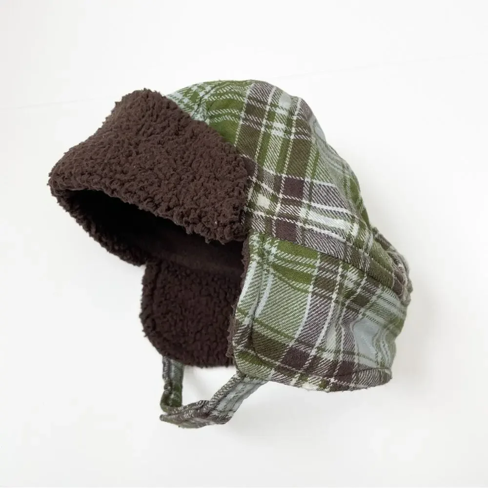 Gymboree Plaid Trapper Hat Green Brown Fleece Lined Winter 3-6 Months Baby
